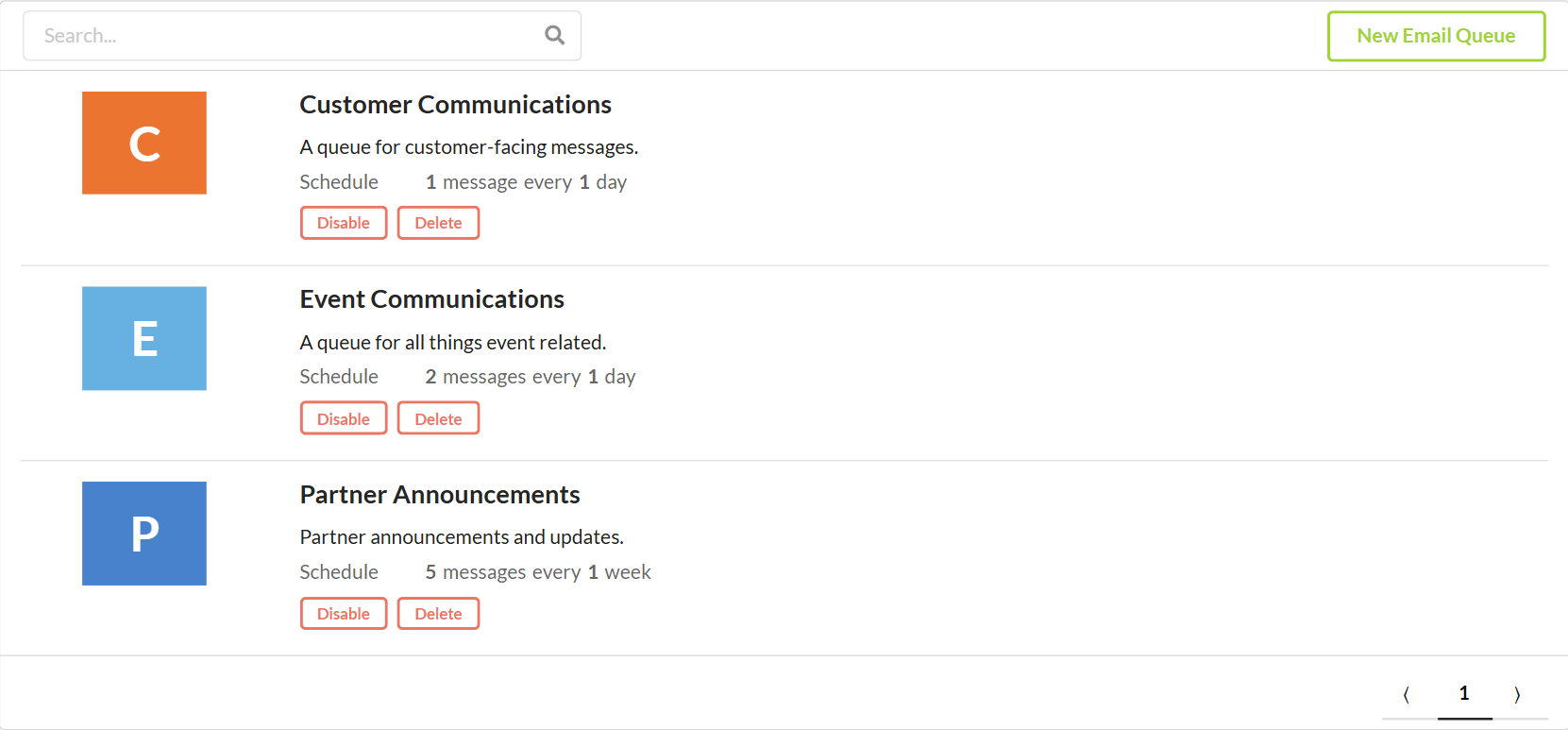 Three email queues in the Email Governor: Customer Communications, Event Communications and Partner Announcements, each with its own schedule
